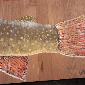 Back half of a Brook Trout in acrylic paint on wooden shingle. Truly one of a kind !
