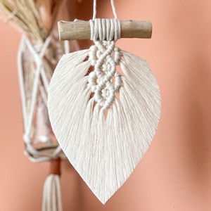 Peut inclure: Suspension murale en macramé crème en forme de feuille, suspendue à une cheville en bois naturel. Le nouage complexe crée un motif texturé, avec une simple boucle pour l'accrocher. Le fond est de couleur pêche douce.