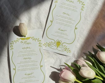 Elegant Swan Floral Wedding Menu Template – Printable 4x9 Inch Garden Party Menu Card – Instant Download
