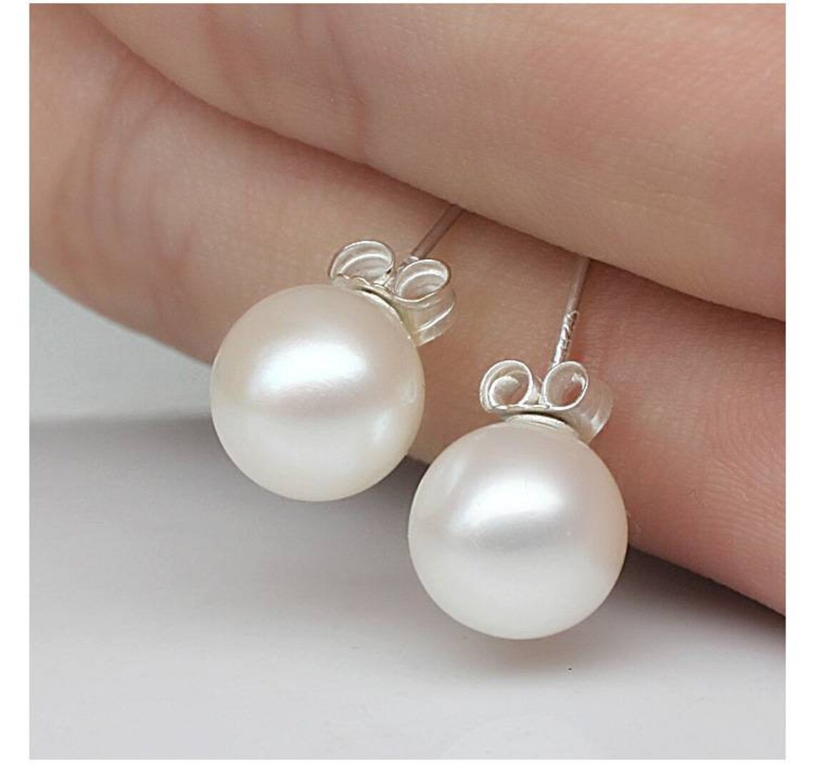 8mm Classic White Pearl Stud Earrings Sterling Silver Gift Etsy
