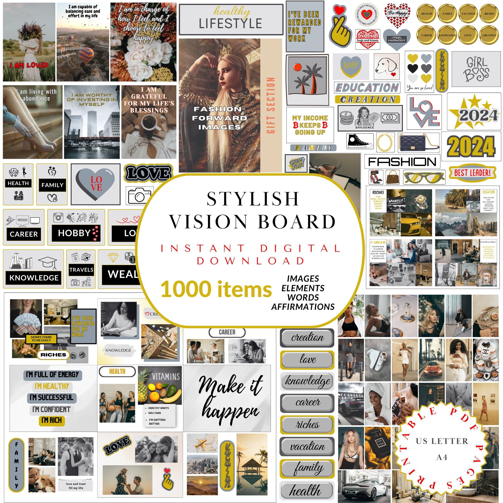 Vision Board 2024 Journal, Vision Board Words, New Year Resolutions Journal  Positive Affirmations Daily Reminders Gift Mental Health Journal 