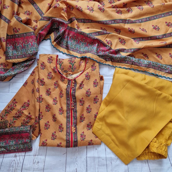3 Stück pakistanischer Anzug, Shalwar Kameez Anzug, indischer Anzug, Frauen Winterkleider, Leinen Kurta, gerade Hose, Geschenke für sie, bedrucktes Anzugkleid UK