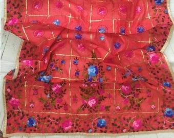 Hand Embroidered Phulkari Dupatta: Red Chanderi Silk Scarf