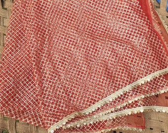 Red & Gold Sequin Net Dupatta: Embroidered Indian Wedding Veil