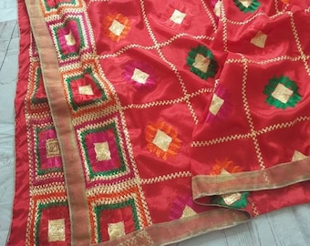 Red Phulkari Dupatta: Embroidered Silk Scarf Stole