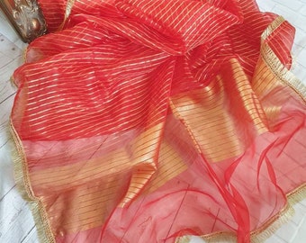 Red Organza Nikkha Dupatta: Golden Wedding Scarf