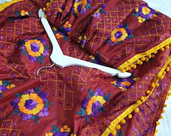 Hand Embroidered Phulkari Dupatta: Chanderi Silk Scarf with Pom Poms