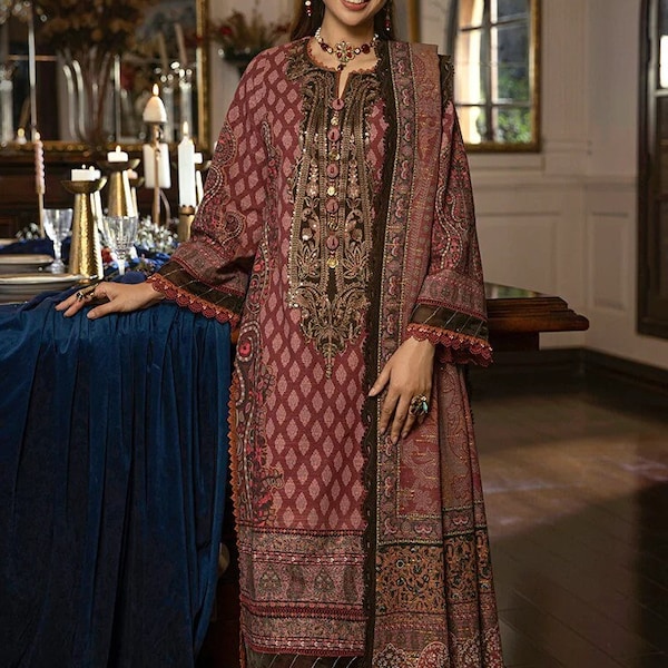 3Pc Maroon Pakistani Suit/Pakistani Designer suit kurta women/Gifts For Her/Indian clothes,Black embroidered dress UK