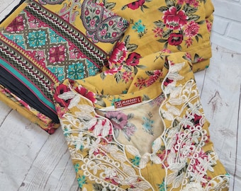 Yellow Lawn Dress: Pakistani Printed Suit, Embroidered Details (Large)