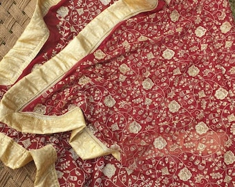 Maroon Chiffon Dupatta: Gold Thread & Sequin, Brocade Border