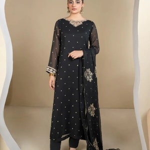 Pakistani Black chiffon suit indian wedding dresses,Indian readymade suit,Indian Shalwar kameez bridesmaid dresses gifts for her,black dress