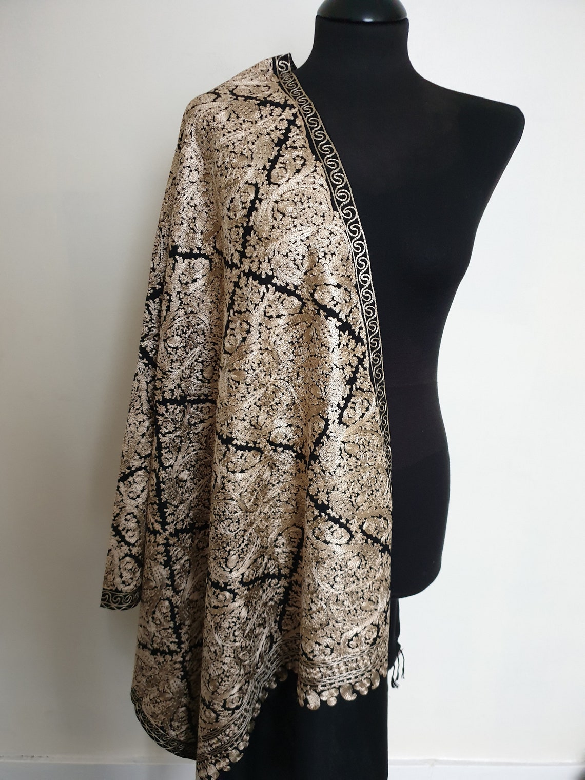 Black and Gold Embroidered Shawl Ladies 100 Wool Pashmina Etsy