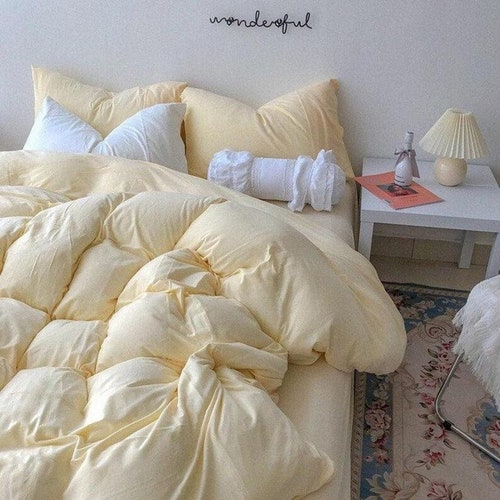 3 Pc Pastel Bedding Set Yellow Stonewashed Cotton Duvet Etsy