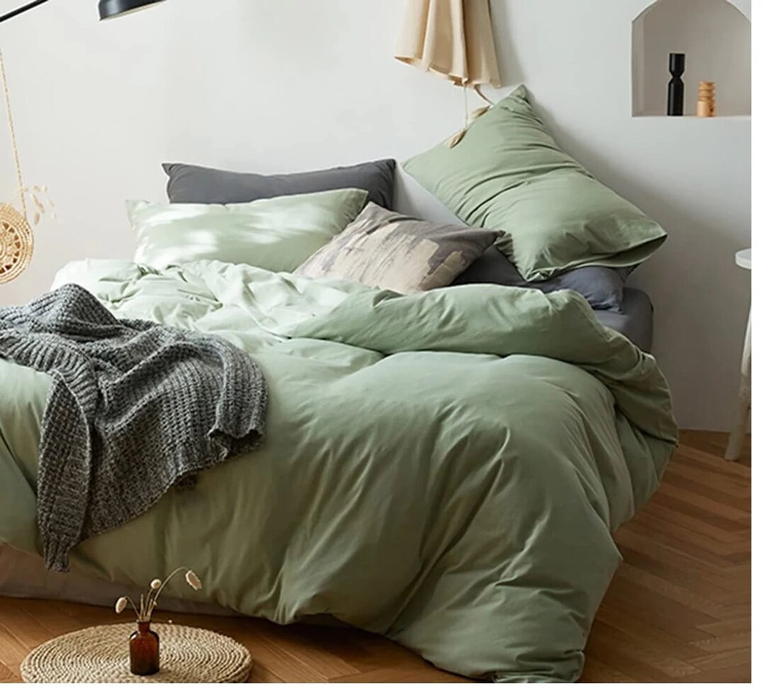 6 PCS Set Cotton Duvet Cover Set Sage Green Organic Duvet Cover