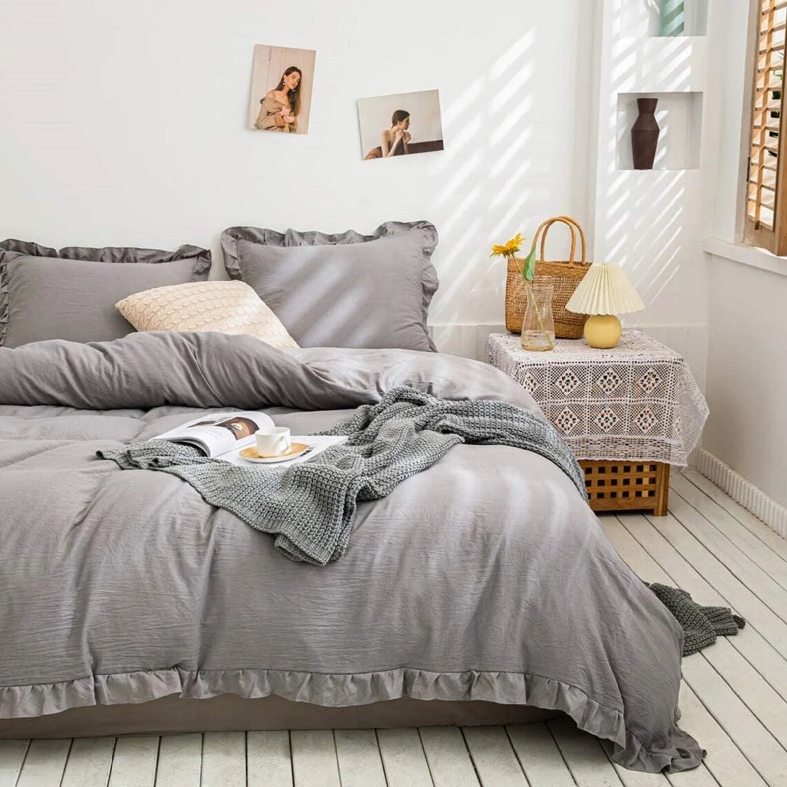 3 Pcs Ruffled Cotton Duvet Cover in Grey Color Bedding Set Etsy