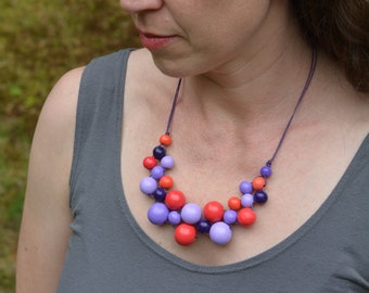 Necklace Red and Purple Hand-painted Wooden Beads