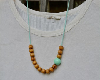 Teal wooden bead long beaded necklace