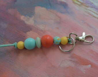Handmade Wooden Bead Keychain Coral, Yellow and Teal