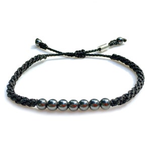 Black Hematite Bracelet | Unisex Black Cord Bracelet | Hematite Stone Rope Bracelet | Beaded Hematite Black Bracelet for Men Women and Kids