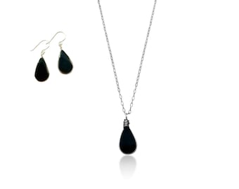 Schwarz Obsidian Schmuck Set | Schwarze Obsidian Halskette und Obsidian Ohrringe | Schwarzer Stein Halskette schwarze Ohrringe | Brautjungfer Geschenk-Set