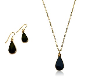 Collier et boucles d'oreilles en obsidienne noire | Ensemble de bijoux délicats | Ensemble de bijoux en obsidienne pour femme | Ensemble cadeau de bijoux en obsidienne pour soeur