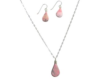 Rosa Rhodonit Halskette Rhodonit Ohrringe Schmuck-Set, rosa Rhodonit Stein Anhänger Gold Silber Rosa Halskette und Ohrringe Rosa Schmuck-Set