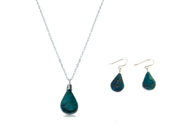 Chrysokoll Schmuck Set, Türkis Schmuck Set, Gold Silber, Einfache Chrysokoll Stein Halskette und Ohrringe Geschenk für Schmuck Liebhaber