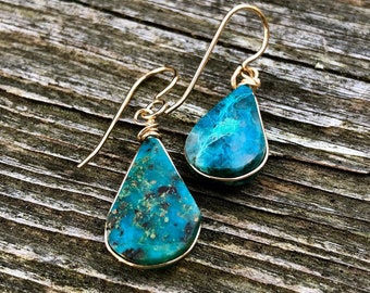 Chrysocolla Drop Dangle Earrings, Anniversary Gift for Her, Crystal Gemstone Stone Earrings