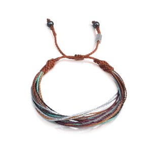 May include: Multicolored braided bracelet with brown cord and silver accents. The bracelet has black beads at each end and a silver charm.