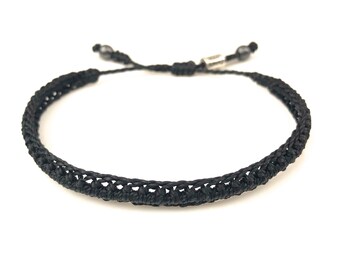 Black Friendship Bracelet | Hematite Stone Black Macrame Bracelet | Flat Braided Black Rope Bracelet Knotted Cord Jewelry