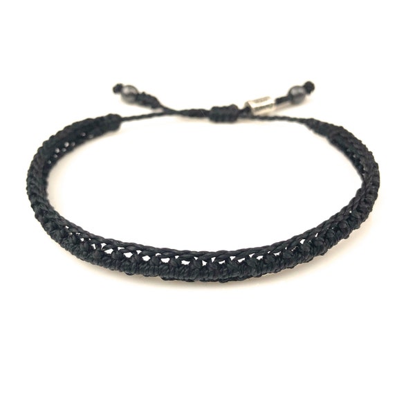 Bracelet d’amitié noire | Bracelet En pierre d’hématite macrame noir | Bracelet tressé plat | Bracelet corde noire |  Bracelet à cordon noué