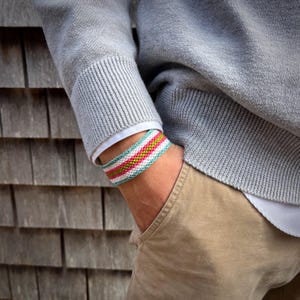 Mens Striped Woven Bracelet, Nautical Man Gift for Him, Bright Summer Beach Bracelet, Men&#39;s Adjustable Pull Tie Handmade Jewelry
