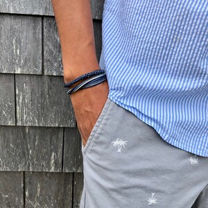Mens Rope Bracelet | Size Adjustable Pull Tie Mens Cord Bracelet in Blue and Gray | Men Gift for Sailor Bracelet with Hematite Stones | Husband Bday Gift | Waterproof Beach Bracelet Handmade by Rumi Sumaq