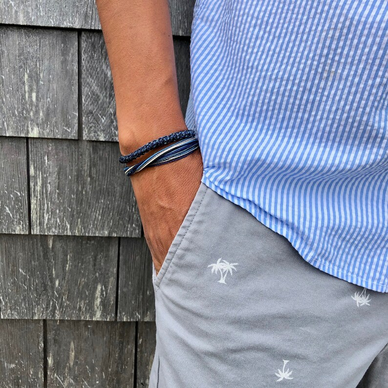 Mens Rope Bracelet | Size Adjustable Pull Tie Mens Cord Bracelet in Blue and Gray | Men Gift for Sailor Bracelet with Hematite Stones | Husband Bday Gift | Waterproof Beach Bracelet Handmade by Rumi Sumaq