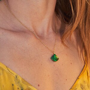 Triangle malachite stone jewelry set in gold fill or sterling silver, featuring a handcrafted green gemstone pendant necklace and matching earrings. Designed and handmade by Rumi Sumaq, this set is perfect for those who appreciate artisan craftsmanship and meaningful jewelry. Malachite is a powerful stone of transformation, making this a thoughtful gift for birthdays, graduations or life milestones. Malachite Earrings Malachite Necklace | Bday Gift for Her | Gold Silver Green Malachite Stone