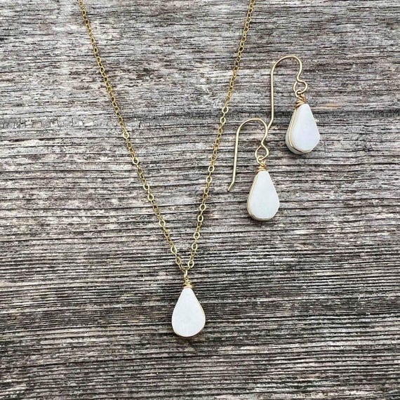 Handmade White Jasper Necklace & Earrings Set – Healing Crystal Jewelry Birthday Gift Set in Sterling Silver or 14k Gold Fill by Rumi Sumaq
