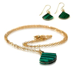 Green malachite triangle earrings and necklace set by Rumi Sumaq featuring a stunning handcrafted pendant on a delicate gold-filled or sterling silver chain. The dainty malachite triangle stone complements the lightweight earrings, creating a cohesive look perfect for everyday wear or special occasions. Thoughtful and symbolic, this malachite jewelry set is a unique gift for those who appreciate artisan jewelry with natural gemstones and spiritual meaning. Malachite Stone Bday Gift for Her