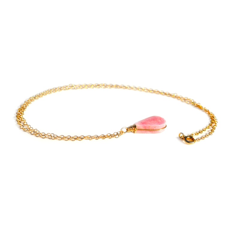 Gift for Mothers Day Gift from Son | Rhodonite Necklace Gold | Pink Stone Pendant Mothers Day Necklace | Rhodonite Jewelry | Pink Necklace for Women in Sterling Silver or 14k Gold Fill in chain lengths of 16 inch, 18 inch or 20 inch.