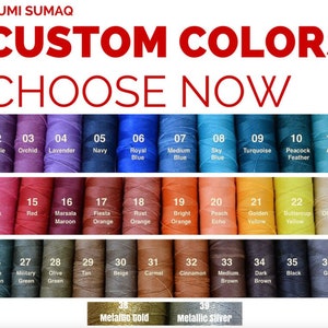 May include: A color chart with 39 different thread colors, numbered 1 through 38, with the last color labeled "Metallic Silver". The colors are arranged in rows of 12, with the last row having only 2 colors. The colors include eggplant, purple, orchid, lavender, navy, royal blue, medium blue, sky blue, turquoise, peacock feather, aqua, mint green, pink, dark pink, red, marsala maroon, fiesta orange, rust orange, bright orange, peach echo, golden yellow, buttercup yellow, off-white, white, green flash, pine green, military green, olive green, tan, beige, caramel, cinnamon, medium brown, dark brown, black, grey, and platinum.
