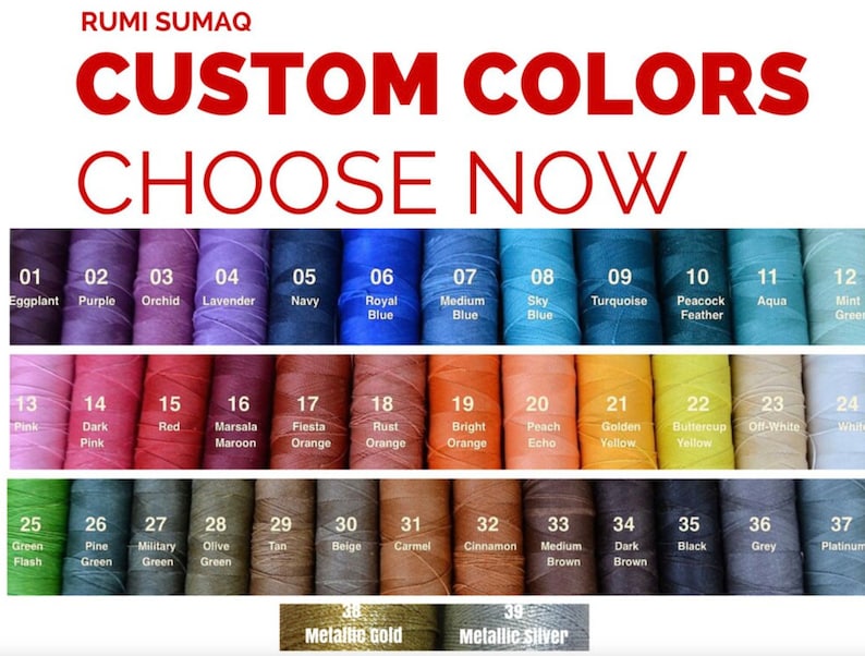 May include: A color chart with 39 different thread colors, numbered 1 through 38, with the last color labeled "Metallic Silver". The colors are arranged in rows of 12, with the last row having only 2 colors. The colors include eggplant, purple, orchid, lavender, navy, royal blue, medium blue, sky blue, turquoise, peacock feather, aqua, mint green, pink, dark pink, red, marsala maroon, fiesta orange, rust orange, bright orange, peach echo, golden yellow, buttercup yellow, off-white, white, green flash, pine green, military green, olive green, tan, beige, caramel, cinnamon, medium brown, dark brown, black, grey, and platinum.
