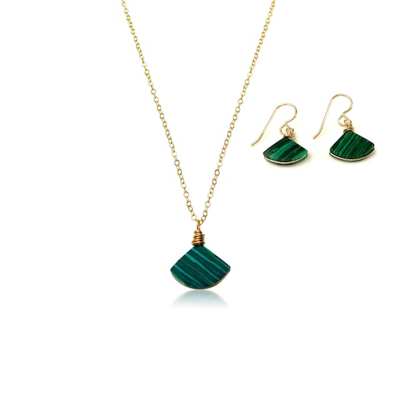 Malachite Jewelry Set | Malachite Earrings | Malachite Necklace | Bday Gift for Her | Gold Silver Green Malachite Stone Minimal Triangle Set
