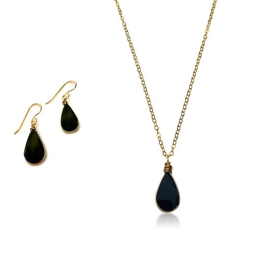 Black Obsidian Necklace and Obsidian Earrings | Dainty Jewelry Set | Obsidian Jewelry Set for Women | Obsidian Jewelry Gift Set for Sister
