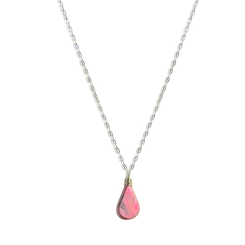 Rhodonite stone Sterling Silver necklace with pear shape pink stone crystal and minimalist chain in length of either 16 inch, 18 inch or 20 inch. Handmade crystal jewelry by Rumi Sumaq.