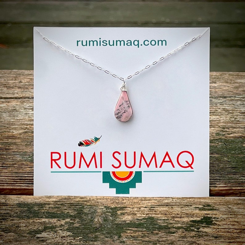 Rhodonite necklace by Rumi Sumaq jewelry | Dainty minimalist pink stone necklace for women in Sterling Silver or 14k gold-fill