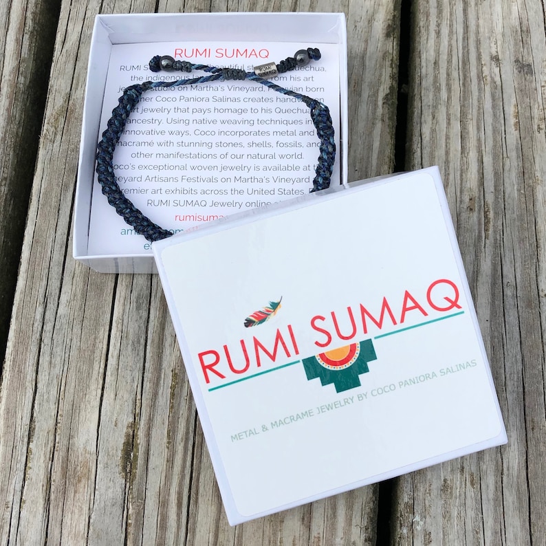 Mens Rope Bracelet | Size Adjustable Pull Tie Mens Cord Bracelet in Blue and Gray | Men Gift for Sailor Bracelet with Hematite Stones | Husband Bday Gift | Waterproof Beach Bracelet Handmade by Rumi Sumaq