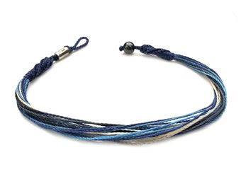 Beach Anklet, Unisex Blue Ankle Bracelet, Macrame Surfer Anklet, Waxed Cord Waterproof Jewelry