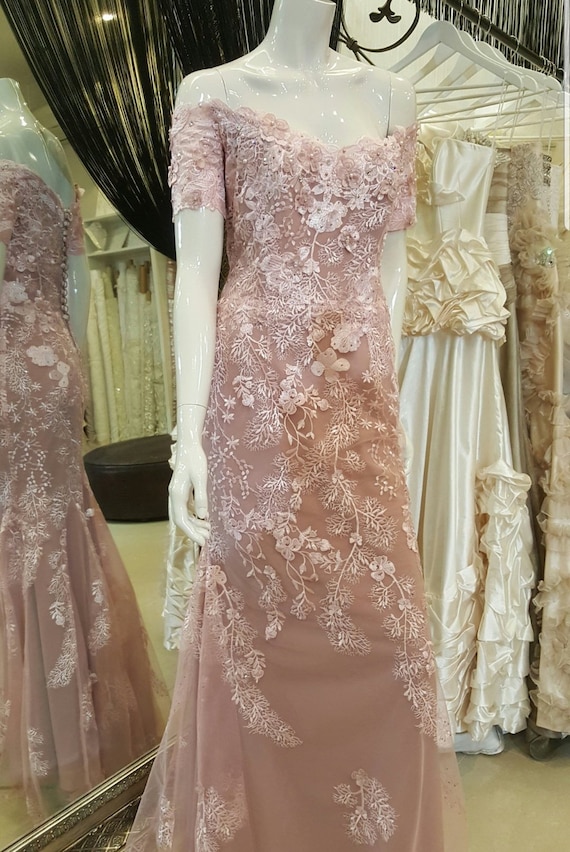 Hand made, embroidered, couture lace fabric, french lace, lingerie lace, pink colour, rose gold rhinestones