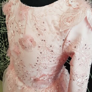 May include: A pink tulle dress with long sleeves and intricate lace detailing. The dress is adorned with delicate floral appliques and sparkling rhinestones.