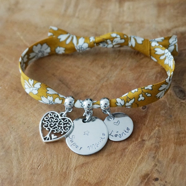 Bracelet Mamie - cadeau mamie + prénom personnalisé - bijou gravé personnalisable - bracelet gravé - liberty - fête grand mère