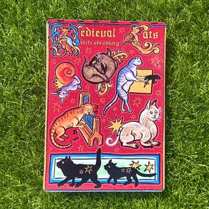 Puede incluir: Un cuaderno rectangular rojo con las palabras "Medieval Cats" y "theft shrubbery" impresas en la portada. La portada presenta varias ilustraciones de gatos de dibujos animados al estilo medieval, con estrellas y elementos decorativos.